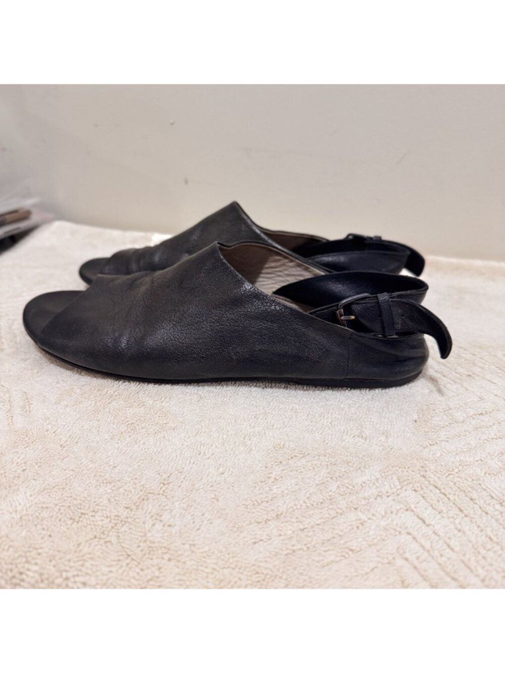 Marsèll Women Black Leather Slingback Flat Sandals Peep Toe Buckle Italy 10.5 - Picture 3 of 11